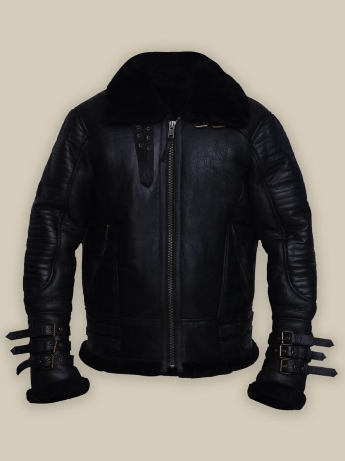 Men Black Biker Shearling Jacket