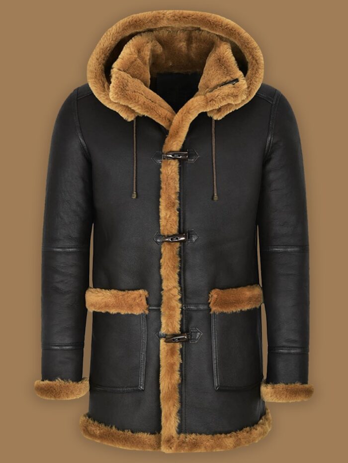 Men Black Shearling Coat With Hoodie