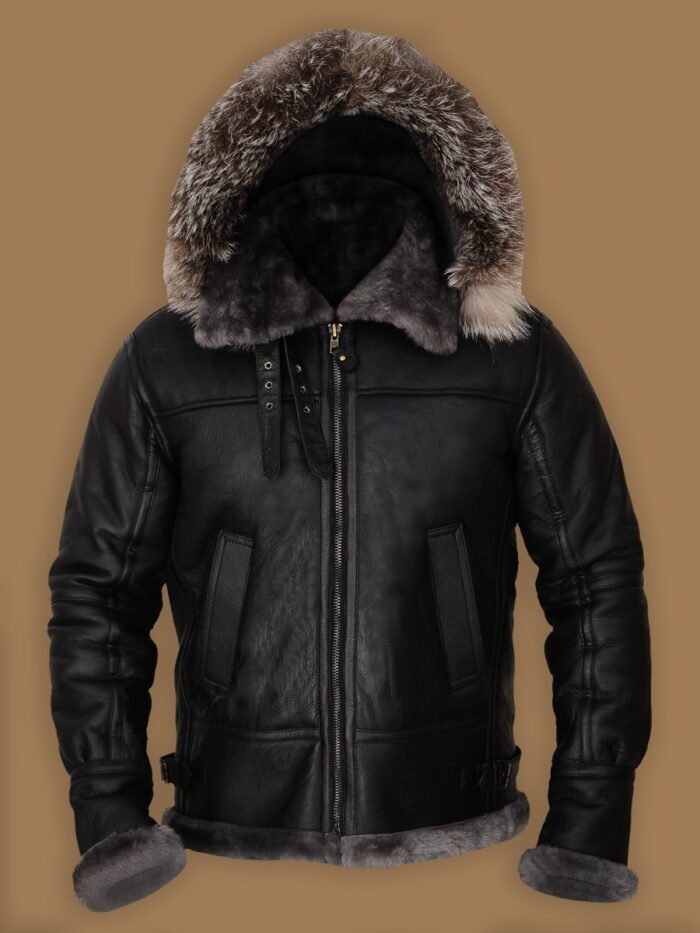 Men Black Shearling Jacket With Hoodie