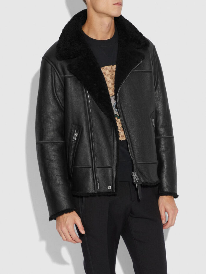 Men Black Shearling Moto Jacket
