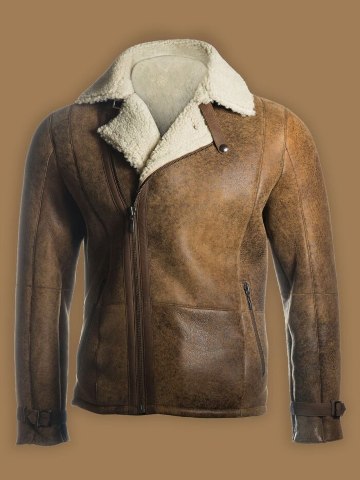 Men Brown Distressed Shearling Jacket
