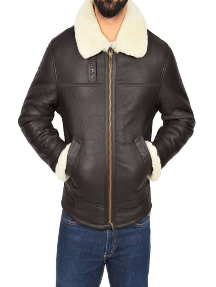 Men Dark Brown Shearling Leather Jacket