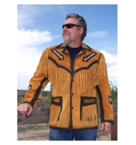 Men Golden Brown Suede Western Cowboy Leather Jacket Fringed & Bead Work