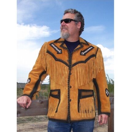 Men Golden Brown Suede Western Cowboy Leather Jacket Fringed & Bead Work