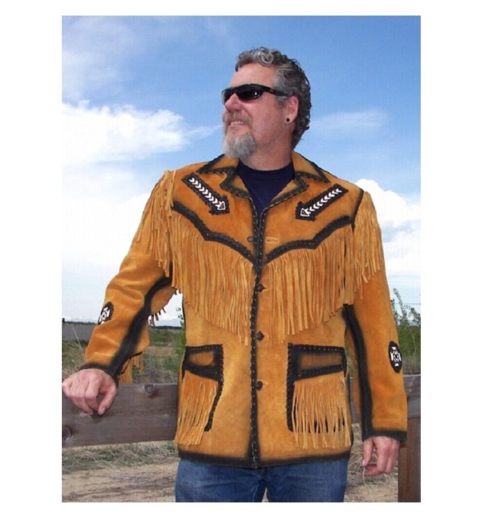 Men Golden Brown Suede Western Cowboy Leather Jacket Fringed & Bead Work