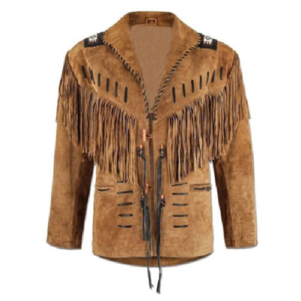 Men Hunter Style Native American Western Cowboy Leather Jacket Suede Fringe