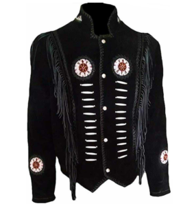 Men Native America Cultural Western Cowboy Leather Suede Jacket Fringe & Beaded