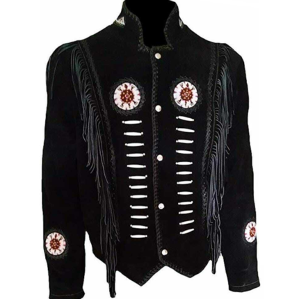 Men Native America Cultural Western Cowboy Leather Suede Jacket Fringe & Beaded