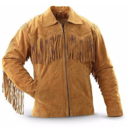 Men Native American Western Cowboy Leather Jacket Fringe Suede Leather Zipper