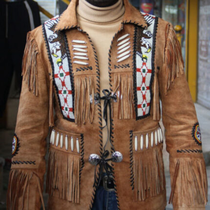 Men Native American Western Cowboy Leather Jacket Suede Coat Fringe Eagle Beads