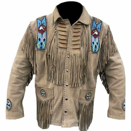 Men Native American Western Cowboy Leather Jacket Suede Fringe & Beaded - Beige