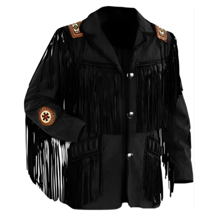 Men Native American Western Cowboy Leather Jacket Suede Fringe & Beaded – Black