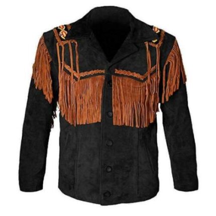 Men Native American Western Cowboy Leather Suede Jacket Fringe & Beaded Coat
