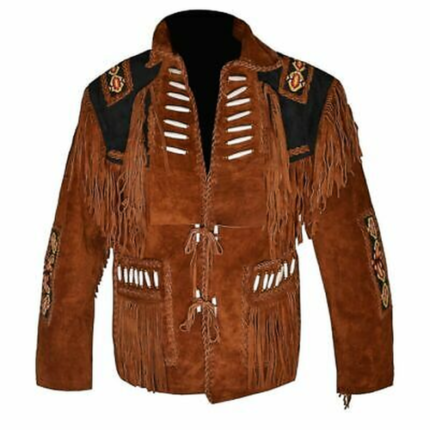 Men Native American Western Cowboy Leather Suede Jacket Fringe & Beaded Coat