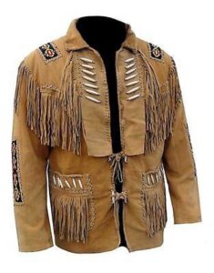 Men Native American Western Cowboy Suede Leather Jacket Fringe & Beaded Coat