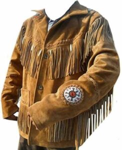 Men Native American Western Cowboy Suede Leather Jacket Fringe & Beaded Coat