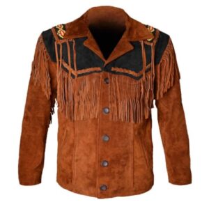 Men Native American Western Cowboy Suede Leather Jacket Fringe & Beaded Coat