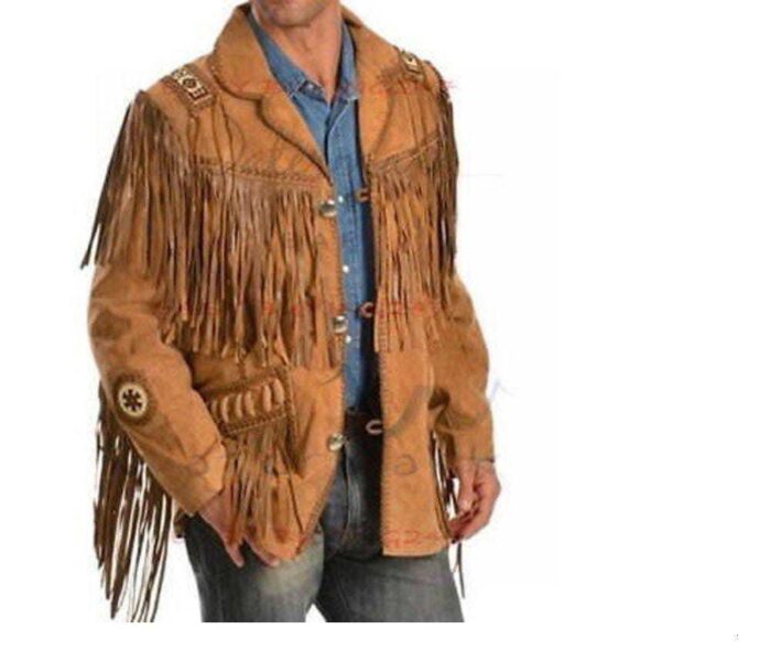 Men Native American Western Cowboy Suede Leather Jacket Fringe & Beaded Coat