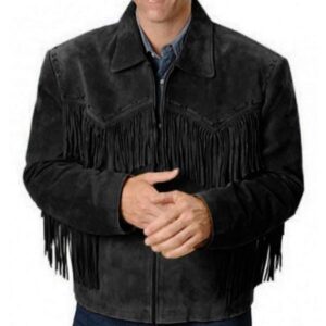 Men Native American Western Cowboy Suede Leather Jacket Fringe Black Coat