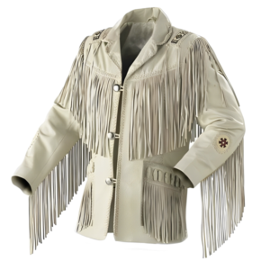 Men Native American Western Cowboy Suede Leather Jacket Fringed & Beaded – White Beige