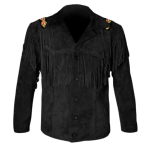 Men Suede Western Style Cowboy Leather Jacket With Fringe - Black