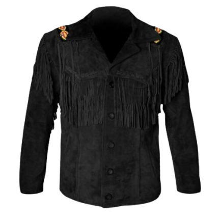 Men Suede Western Style Cowboy Leather Jacket With Fringe - Black