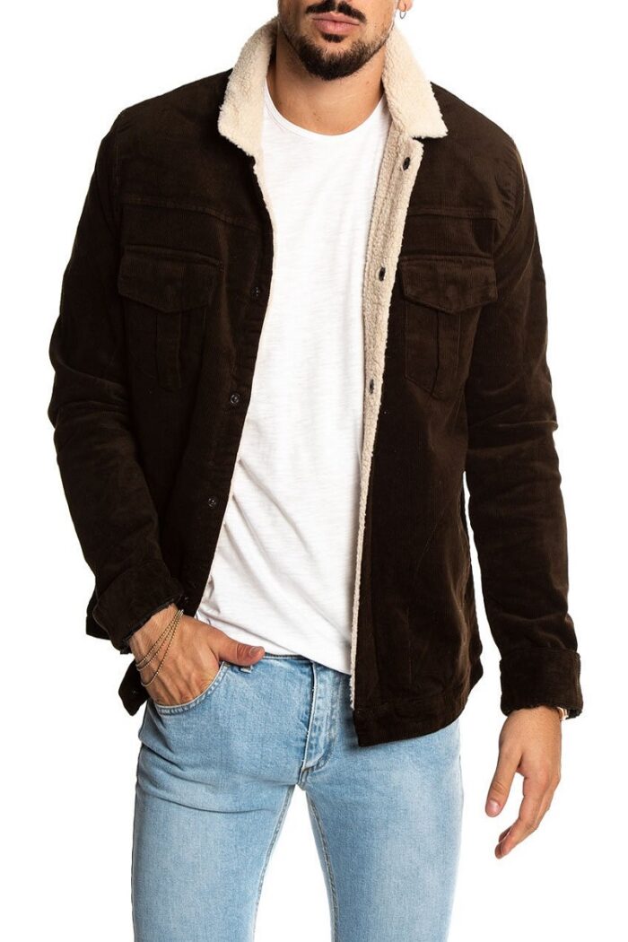 Men Umber Brown Velvet Jacket With Fur Collar