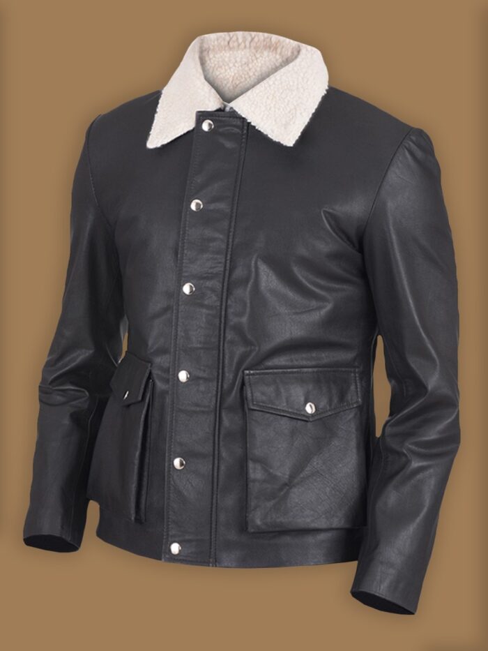 Men White Button Shearling Leather Jacket