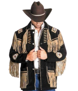 Men's Black Western Style Cowboy Suede Leather Jacket With Fringes and Beads