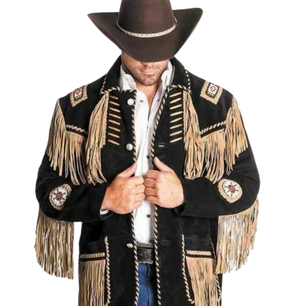 Men's Black Western Style Cowboy Suede Leather Jacket With Fringes and Beads
