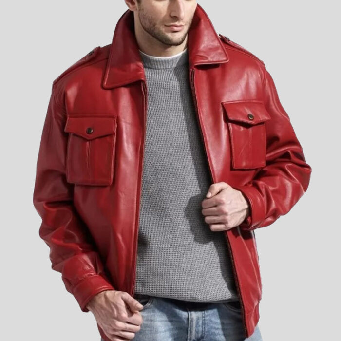 Men's Fashion Genuine Bomber Red Leather Jacket