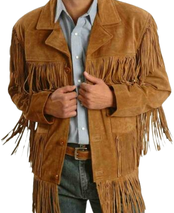 Mens Traditional Leather Western Wear Brown Suede Leather Jacket Fringe Buttons