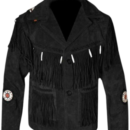 Men's Traditional Western cowboy Leather Jacket coat With Fringes Bone and Beads