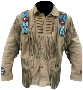 Men's Traditional Western cowboy Leather Jacket coat With Fringes Bone and Beads