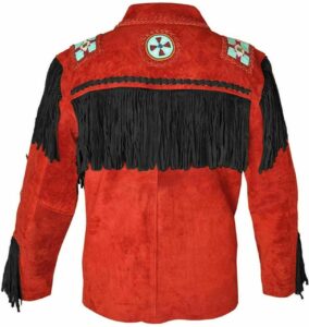 Men's Traditional Western cowboy Leather Jacket coat With Fringes Bone and Beads