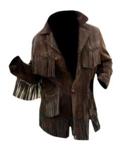 Men's Traditional Western Cowboy Leather Jacket Coat With Fringes Bone and Beads