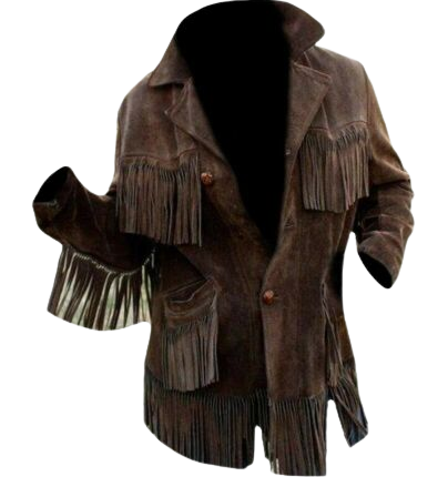 Men's Traditional Western Cowboy Leather Jacket Coat With Fringes Bone and Beads