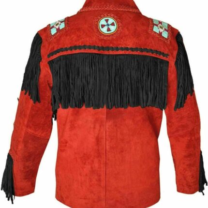 Men's Traditional Western cowboy Leather Jacket coat With Fringes Bone and Beads