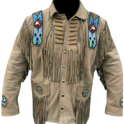 Men's Traditional Western cowboy Leather Jacket coat With Fringes Bone and Beads