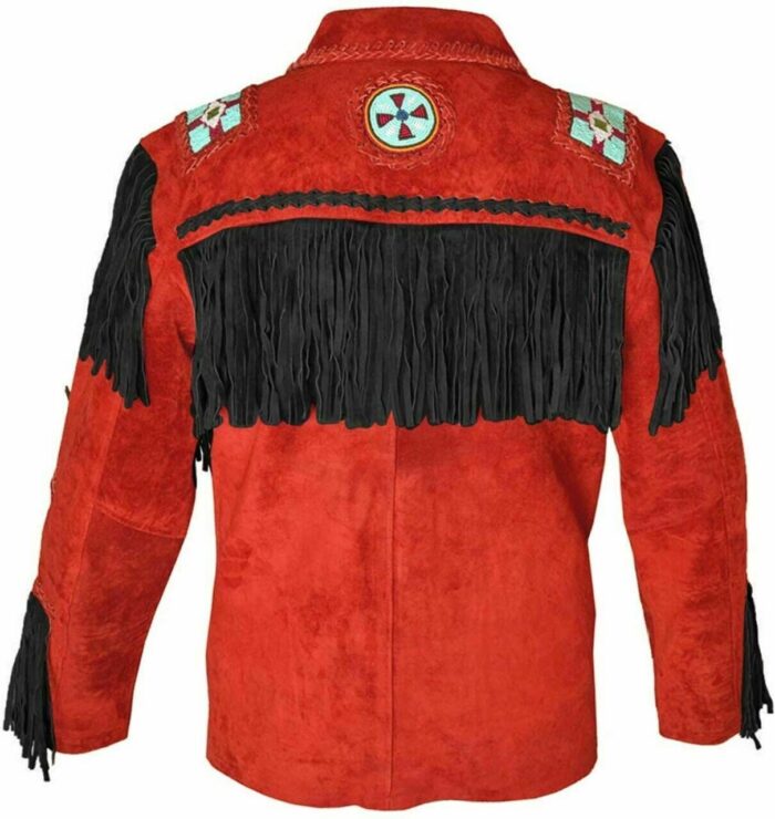 Men's Traditional Western cowboy Leather Jacket coat With Fringes Bone and Beads