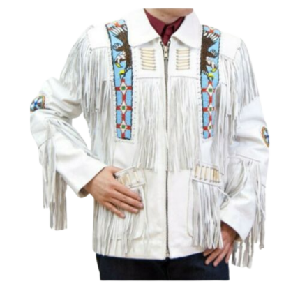 Mens Traditional Western White Leather Cowboy with Fringes and bleads Eagle Coat