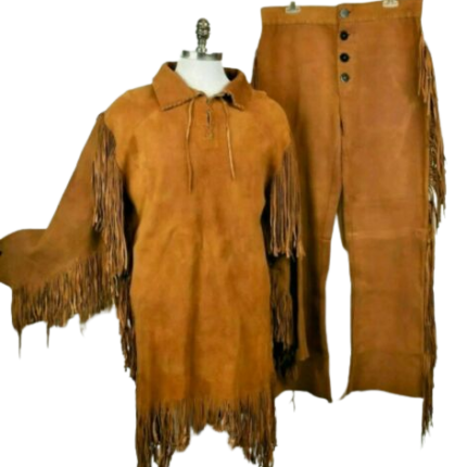 Native American Western Wear Buckskin War Suit Suede Leather Fringe Shirt & Pant