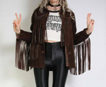 Women American Native Western Style Suede Leather Jacket Fringes - Dark Brown