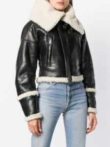Women Black Long Collar Shearling Jacket