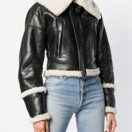 Women Black Long Collar Shearling Jacket