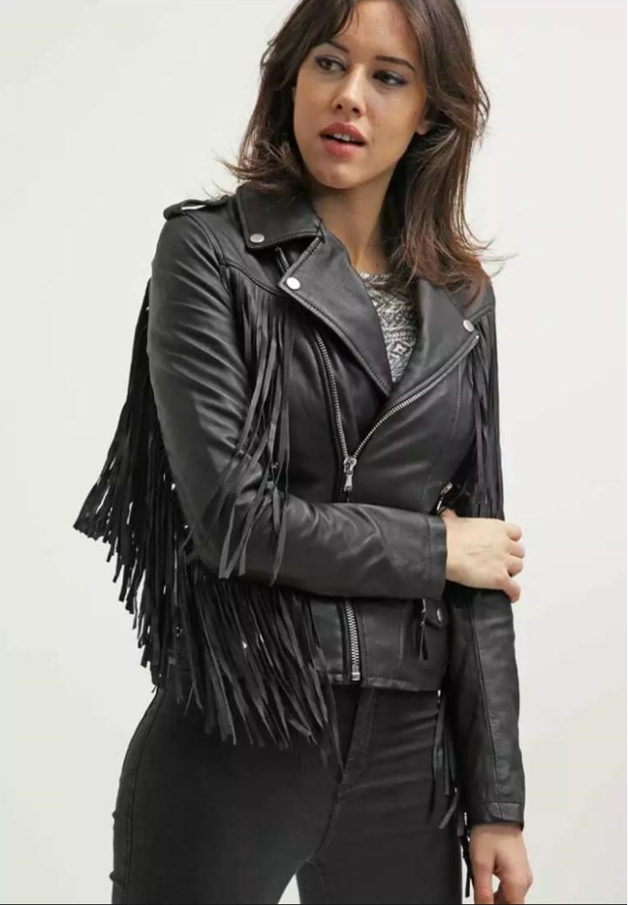 Women Black Real Leather Short Body Brando Style Jacket With Fringes