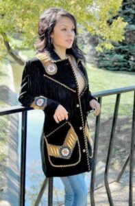 Women Black Suede Leather Jacket Contrast Fringe & Bead Work - Western Cowboy