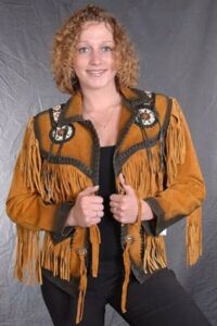 Women Native American Western Cowboy Leather Jacket Suede Fringe & Beaded