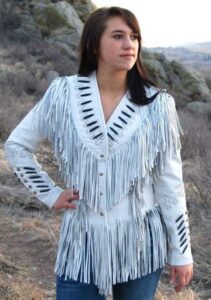Women Native American Western Real Leather Jacket Fringe & Beaded - White