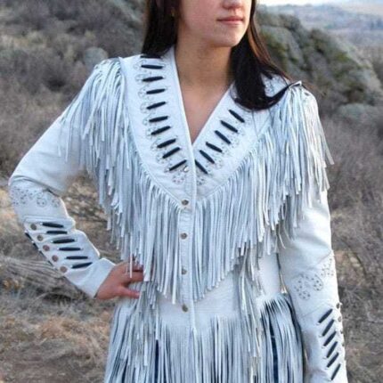 Women Native American Western Real Leather Jacket Fringe & Beaded - White